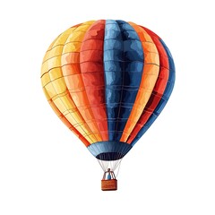 Colorful Hot Air Balloon with Basket, Isolated on a White Background, Emphasizing Its Bright and Festive Appearance