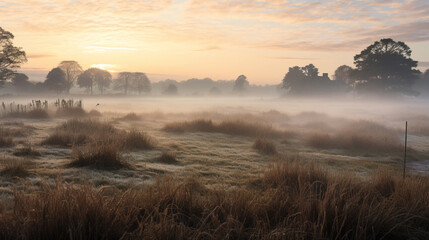 Obraz premium Misty Sunrise Over a Rural Field