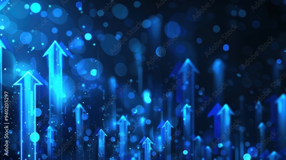 Poster journey of illuminated blue arrows in the dark abstract concept of progress and movement