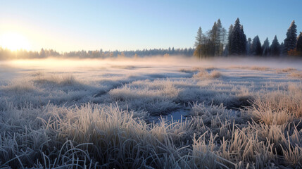 Winter Wonderland: Frosty Field and Misty Forest at Sunrise