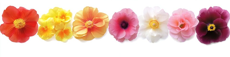 Fototapeta premium Seven colorful flowers in a row, from red to purple, isolated on a white background.