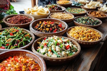 Fototapeta premium Assortment of Asian Cuisine Dishes in Wooden Bowls