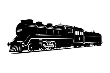 Vector Train, Black and white silhouette of a vintage steam locomotive chugging along the tracks, emitting a plume of smoke.  isolated on white background.