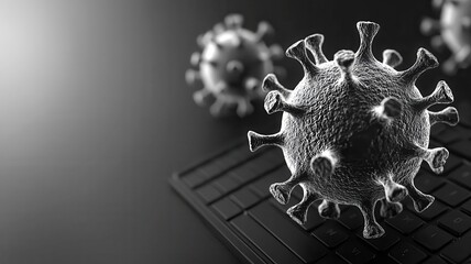 Virus taking control over an operating system, visualized as corrupted code infection theme side view illustrating chaos digital tone black and white