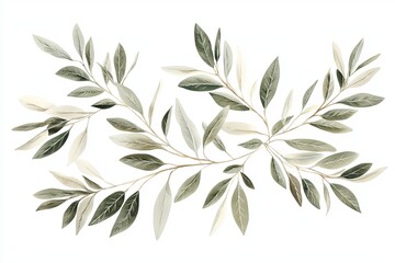Obraz premium Watercolor illustration of green leaves and branches on white background.