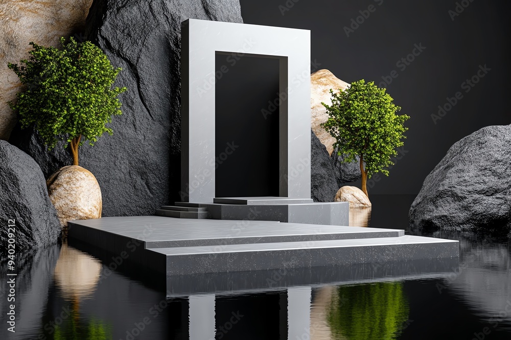 Poster A minimalist abstract representation of a tombstone, using geometric shapes and a monochromatic color scheme to evoke reflection