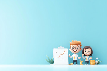 Cartoon characters representing a positive business environment with a growth chart and coins, ideal for financial themes.