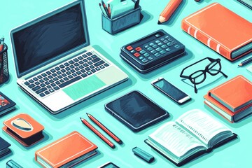 Illustration of educational learning tools set on table created with Generative AI