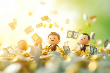 Two cheerful figures celebrating amidst falling money, symbolizing wealth and success in a joyful environment.