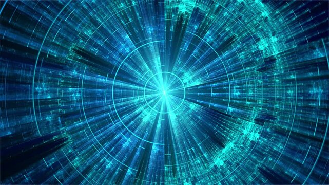 Blue techno futuristic abstract concentric circles seamless loop. Fractal art. Digital data, radar, science fiction tunnel or space station.