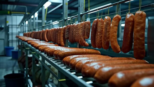 Sausage production line in a modern facility showcasing freshly made sausages in various stages of processing
