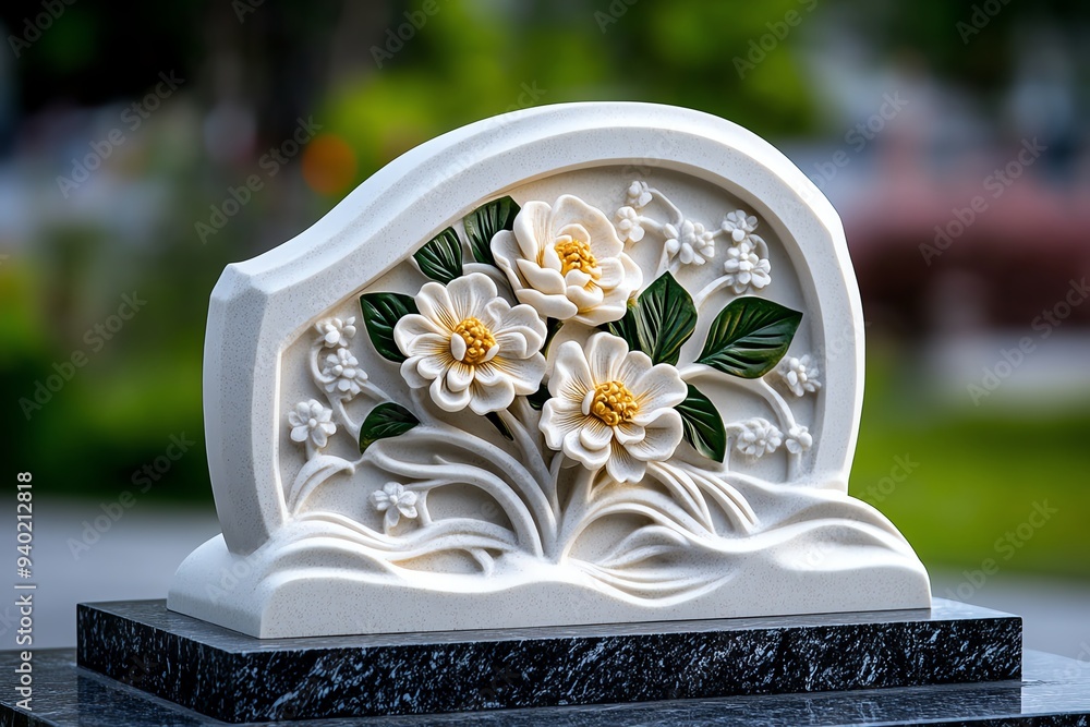 Aufkleber a minimalist tombstone design with abstract carvings, set against a smooth marble backdrop, creating