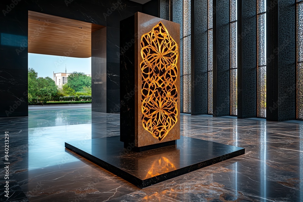 Aufkleber a minimalist tombstone design with abstract carvings, set against a smooth marble backdrop, creating