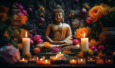 Fototapeta premium Buddha Statue surrounded by colorful flowers