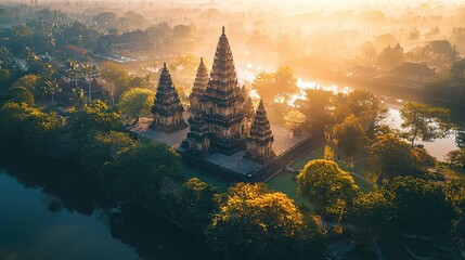 Stunning aerial view of ancient temple complex in golden sunrise light