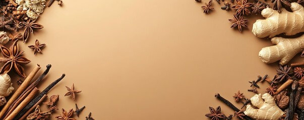 A border of various spices and ginger on a brown background with copy space in the middle.