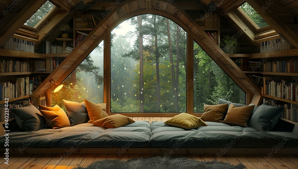 Poster a room with a large window.