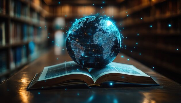 A conceptual image of digital world globe on an open book in a digital library, symbolizing global education and knowledge
