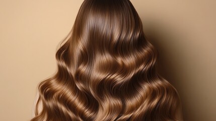 Fototapeta premium Back view of a woman with long, wavy, glossy brown hair against a beige backdrop