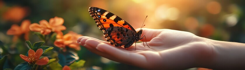 Obraz premium Butterfly gently resting on a hand in a sunlit, blooming garden