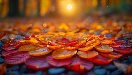 A sunlit scene featuring vibrant autumn leaves scattered across the ground.