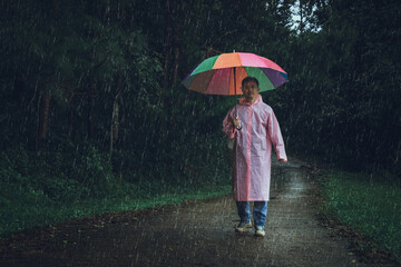 Asian male in raincoat with colorful umbrella walking on forest  trail in heavy rain.