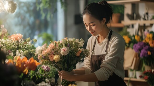 Florist with beautiful flowers in workshop. A flower arranger tidying up her bouquet. Flower arrangement.