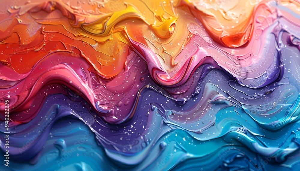 Poster a vibrant painting featuring a dynamic wave pattern in an array of colors.