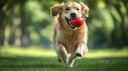 Golden retriever running in a park with a red ball in its mouth, joyful expression