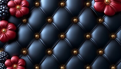Fototapeta premium Black Leather Upholstery with Gold Buttons and Red Flowers