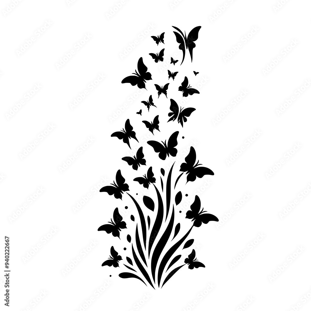 Wall mural decorative design of a group of ascending butterflies isolated on a transparent background - vector 
