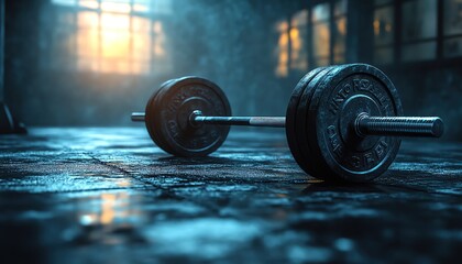 Heavy barbell loaded with weights on a gym floor, spotlight shining on it, ready for lifting
