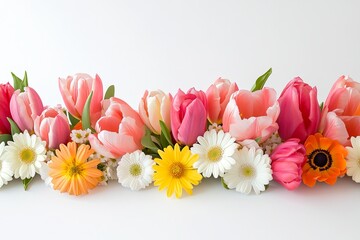 Obraz premium A row of pink tulips, white and yellow daisies, and orange flowers against a white background.