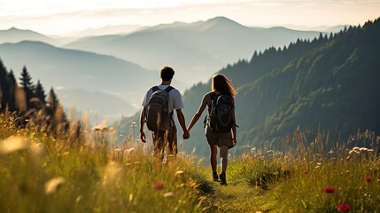 Couple Hiking Through Mountain Landscape: Adventure & Love