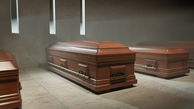 Animation Of Wooden Coffins Standing On The Stone Floor Before The Funeral Animation Of Solid Wooden Coffins With Decorative Golden Handles Standing On The Stone Floor Before The Funeral Ceremony