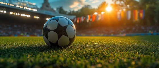Soccer ball on lush grass in a sunlit stadium, ready for a match, with flags waving in the background