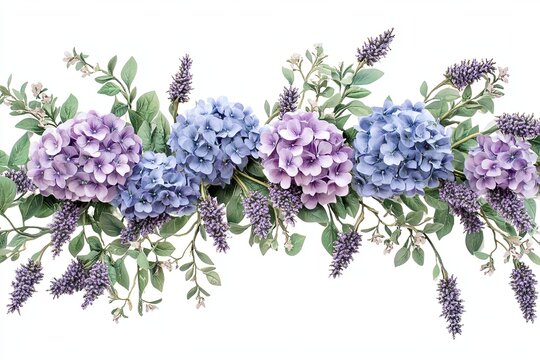 A horizontal border of lavender and purple hydrangea flowers and green leaves on a white background.