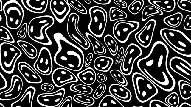 2 black and white abstract backgrounds featuring wavy distorted smiley faces in a seamless loop.