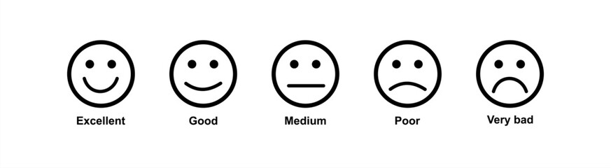 Smile happy unhappy face icon. Emotion feedback vector concept. Rank, level of satisfaction rating. Excellent, good, normal, bad, very bad. Icon set illustration
