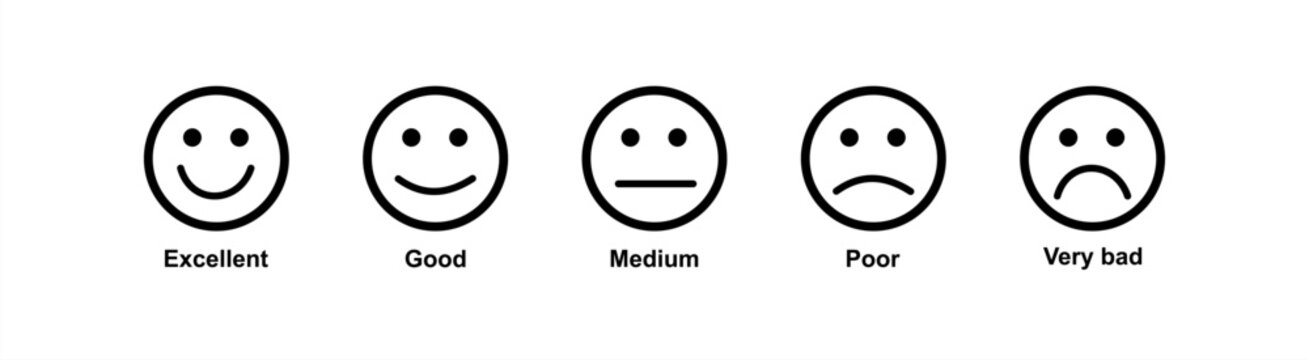 Smile happy unhappy face icon. Emotion feedback vector concept. Rank, level of satisfaction rating. Excellent, good, normal, bad, very bad. Icon set illustration