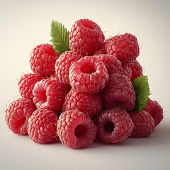 Fresh Ripe Red Raspberries with Green Leaves, Presented in Close-Up