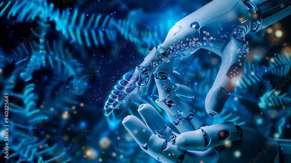 Poster robotic hand interacting with futuristic technology, showcasing the potential of artificial intellig