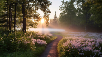 Sunrise Path Through Foggy Forest Meadow