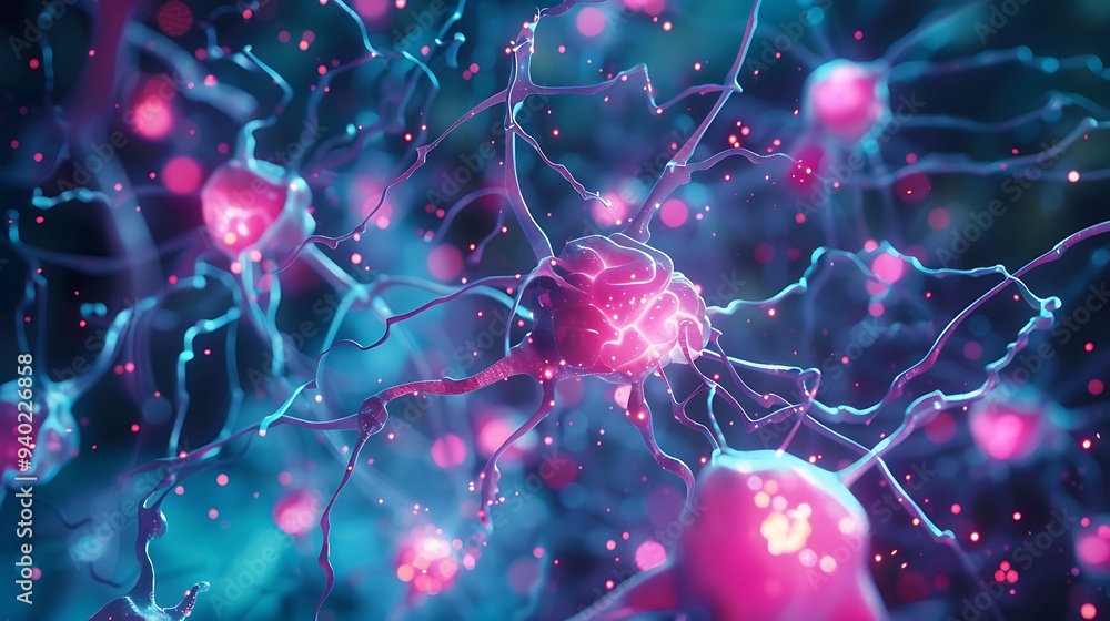 Poster digital illustration depicting a neural network, showcasing the intricate connections between neuron