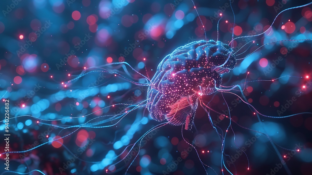 Poster digital illustration depicting the human brain with glowing connections, representing the complex ne