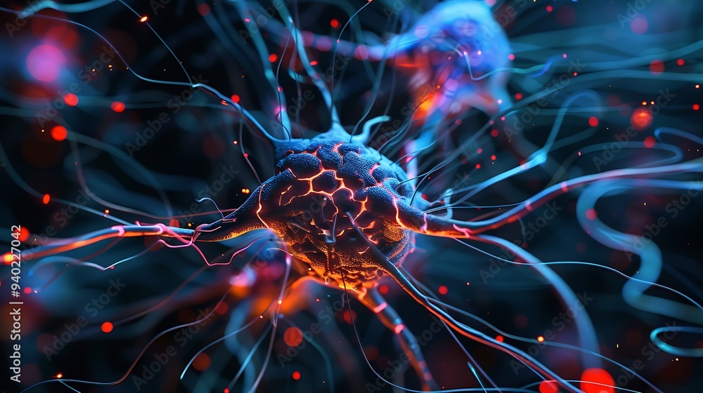 Poster microscopic view of a cell, highlighting its intricate structure and inner workings.