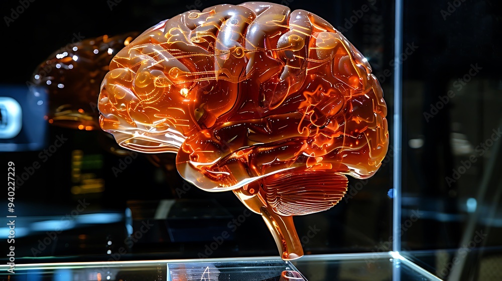 Poster glass model of the human brain, showcasing its intricate details and complexity. this piece serves a