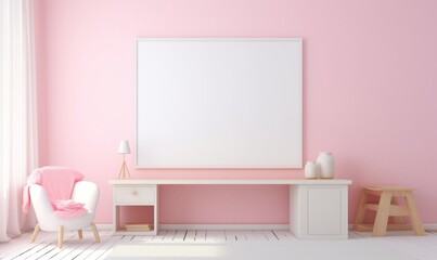 Elegant Simplicity Large Canvas Painting of a Pink Furnished Room with White Frame