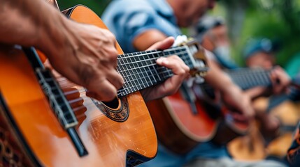Close-up of a person's hands playing an acoustic guitar, showing the intricate details of the fingers on the fretboard. The background is blurred, highlighting the focus on the guitar playing.