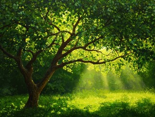 Fototapeta premium Sunlight Streaming Through a Tree in a Vibrant Green Forest Meadow